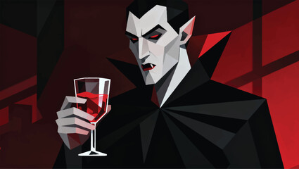 Illustration Of Dracula Holding A Glass Filled With Red Blood, Elegant Horror Atmosphere Vector Design Template