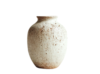 Isolated ceramic jar, off-white exterior with brown speckles, cylindrical body, simple design, against black