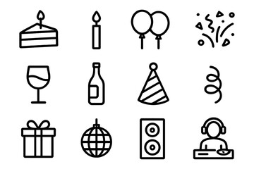 Outline party icons set: cake, balloons, dj, and more for celebrations