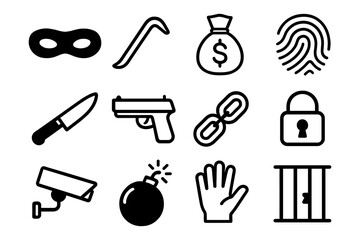 Fototapeta premium Crime and security icons set featuring mask, lock, and surveillance camera