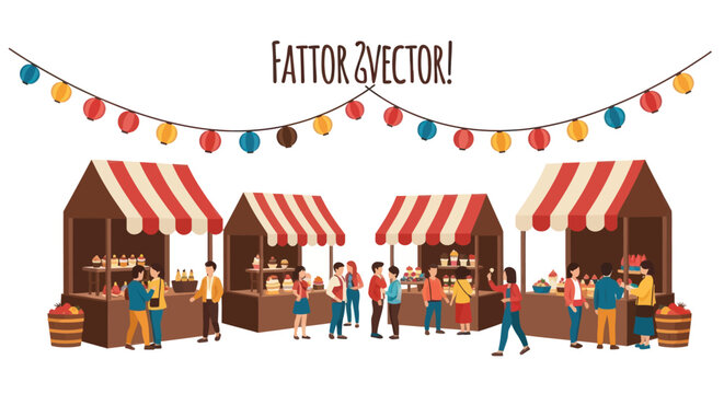 Lively Outdoor Market Scene with Colorful Stalls and Festive Garland.