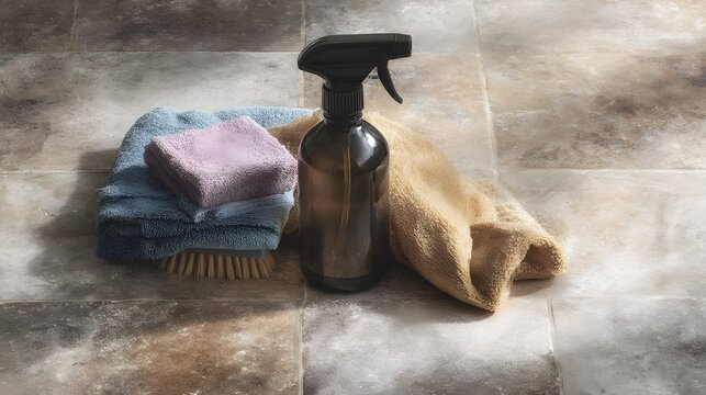 Cleaning supplies including a spray bottle brushes and cloths arranged on a stone tiled floor - Powered by Adobe