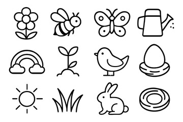 Springtime icons collection: minimalist nature and gardening symbols