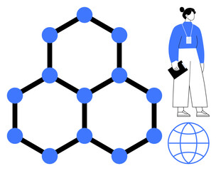 Molecular network with black lines and blue dots, woman in modern attire holding a notebook, globe icon. Ideal for science, research, global networking, innovation, education, professional growth
