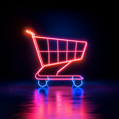 A glowing futuristic shopping cart icon features neon colors and sleek lines, creating a minimalist design. The vibrant hues contrast sharply with the dark background, enhancing its appeal