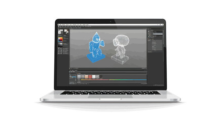 Laptop displaying 3D modeling software with blue character model.