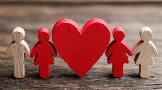 Diverse wooden figurines and red heart symbolizing love connection friendship and unity in a romantic or social relationship concept