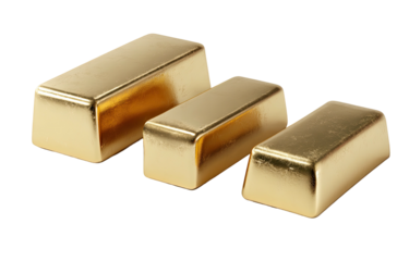 Three shiny rectangular bars of gold, stacked diagonally. Each bar casts a subtle reflection