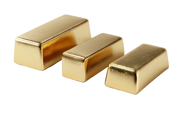 Three shiny rectangular bars of gold, stacked diagonally. Each bar casts a subtle reflection