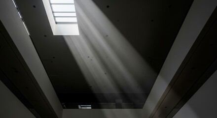 Abstract building interior sunlight streaming from skylight architecture contemporary structure dark shadows bright beams geometric design