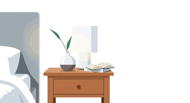 Illustrated wooden bedside table with a lamp a vase with a single leaf and papers.