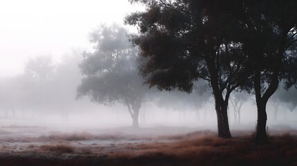 Obraz premium Atmospheric misty morning in a natural landscape with silhouetted trees emerging from dense fog and soft light