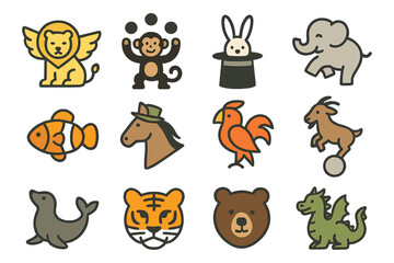Fototapeta premium Cute animal icons: diverse flat designs featuring wildlife and pets