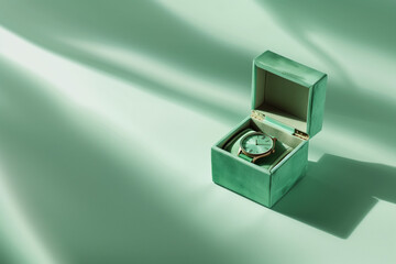 A minimal luxury watch box is partially open, revealing an elegant watch inside. The soft green surface sets a serene mood, highlighting the watch's beauty and design
