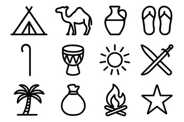 Camping adventures: icon set featuring tent, camel, and campfire elements