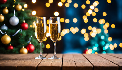 selective-focus blur of a festive scene with two glasses of champagne on a wooden table in front of a decorated christmas tree with colorful red and gold bokeh lights.