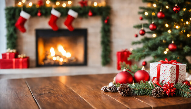 selective-focus blur of a cozy christmas scene with a wrapped gift on a wooden table in front of a decorated tree, stockings, and a warm, glowing fireplace in the background. - Powered by Adobe