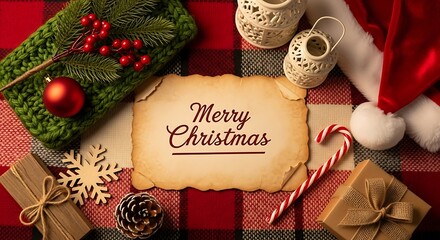 Festive Merry Christmas Greeting on Plaid Background.