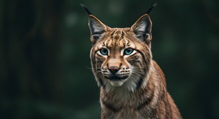 Obraz premium Close-up portrait of a majestic lynx with piercing blue eyes in a natural forest setting