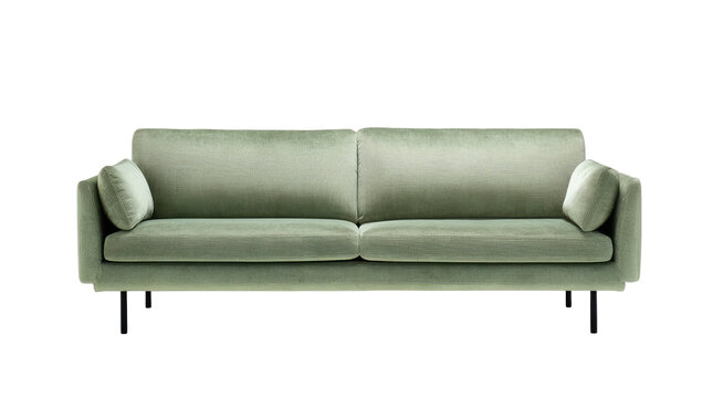 Elegant light green velvet couch with black legs, two cushions and two armrest pillows