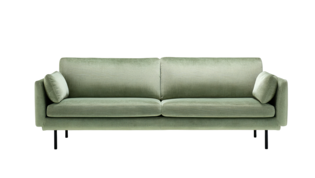 Elegant light green velvet couch with black legs, two cushions and two armrest pillows