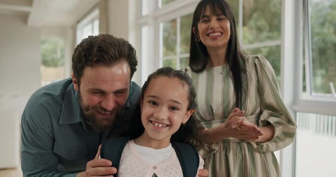 Face, happy parents or girl with report card in home for test results, pointing or learning support. Kid student, excited family or applause with celebration for academic progress, good grades or GPA