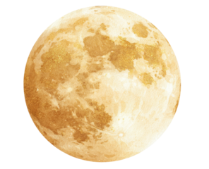 A luminous illustration shows a full, textured celestial body, bathed in warm golden hues