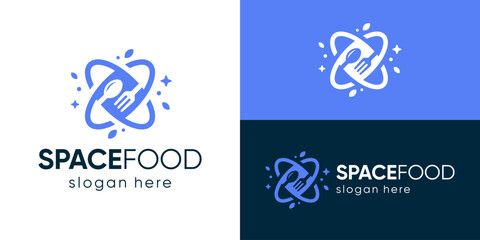 Creative simple space food logo template. Space orbit with spoon and fork for cafe restaurant logo design vector illustration.