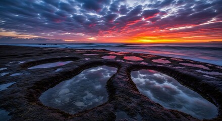 Dramatic Sunset Sky Reflected in Coastal Tide Pools.