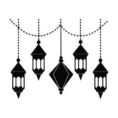 Hanging Lanterns and Diyas Diwali Vector Silhouette
