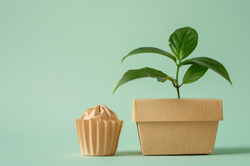 A minimal scene showcases a simple biodegradable packaging box next to a small plant and a cupcake. The items rest on a light green surface, highlighting eco-friendly products