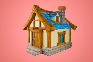 Small house with blue roof and chimney