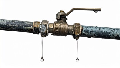 "Old Outdoor Water Faucet with Brass Handle and Dripping Droplet – Weathered Metal Surface Showing Corrosion and Rust for Themes of Water Conservation, Aging Infrastructure, and Environmental Awarenes