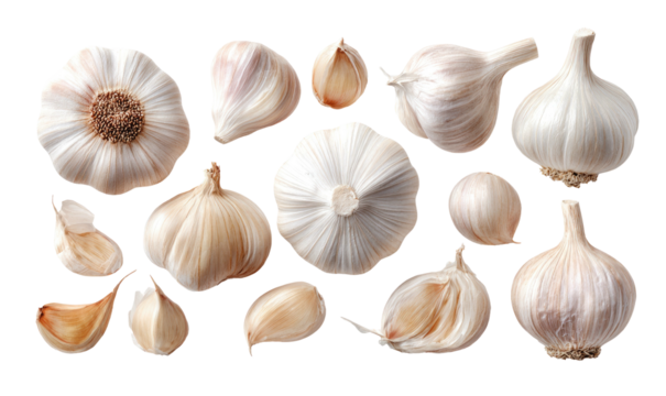 A collection of whole and partially peeled heads of a pungent, bulbous white spice, isolated on black