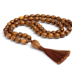 A close-up shot of a beautiful, wooden prayer beads mala, with a brown tassel, offering a sense of tranquility and spirituality.