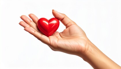 "Human Hand Holding Small Red Heart-Shaped Object Against White Background &ndash; Symbolic Representation of Love, Care, and Emotional Support for Editorial Use, Health Campaigns, and Relationship Themes"