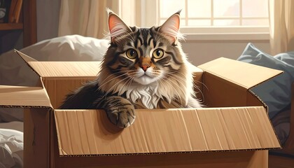 A fluffy cat, with striking eyes, sits contentedly inside a cardboard box, illuminated by soft sunlight from a nearby window