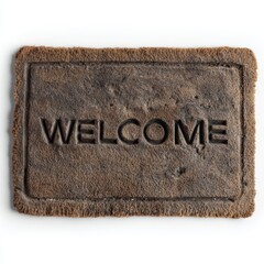 An old, weathered doormat with the word WELCOME etched into its surface. The mat has a rough texture and a worn appearance, suggesting it has been used for a long time