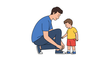 Father Tying Shoelaces for His Son, Cartoon Illustration