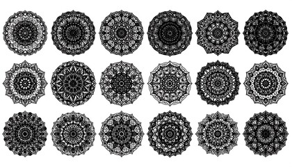 A collection of twenty-one intricately detailed, circular symmetrical patterns, each crafted from black and white design elements