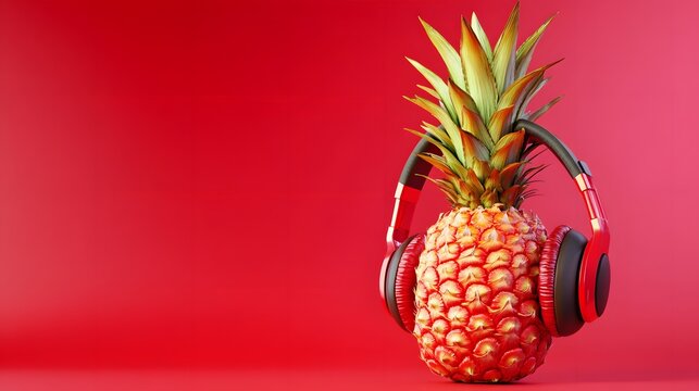 3D render of a ripe pineapple wearing red headphones against a vibrant red background.