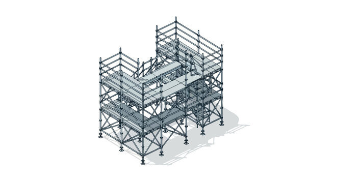 Isometric view construction scaffolding architecture showing steel framework on white background industrial structure for construction projects