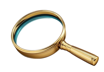 Glistening gold magnifying glass object against a black backdrop