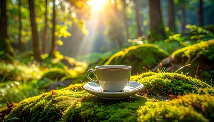 A coffee cup and saucer rest upon moss-covered ground in a sunlit, verdant forest, with the bright sun shining