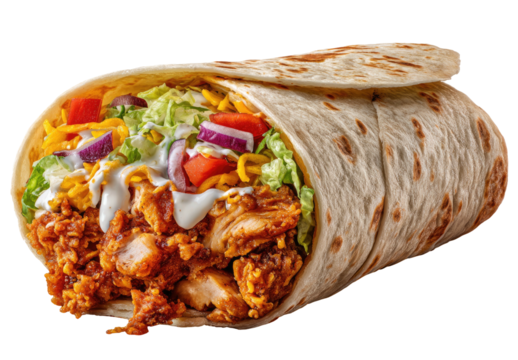 Close-up of a large, fully-loaded wrapped food item with various colorful fillings