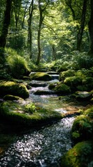 Obraz premium Enchanted forest stream with moss covered rocks and sunlight filtering through trees