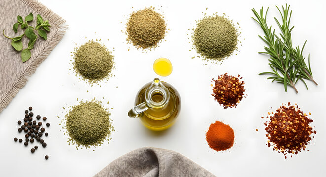 Flat lay of oregano, rosemary, pepper flakes, and olive oil
