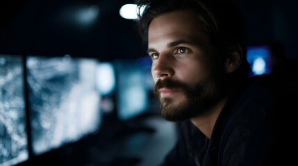 Obraz premium Man intensely focused on multiple computer screens displaying data in a dimly lit environment highlighting technology and concent n