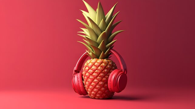 3D render of a pineapple wearing red headphones on a solid red background.