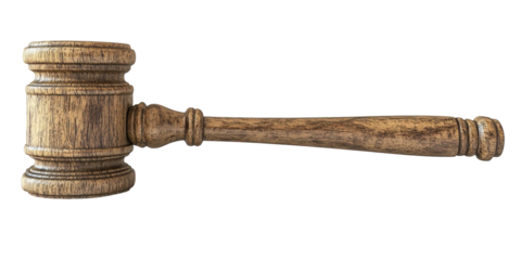 Brown wooden gavel, horizontal perspective, studio lighting on a black background